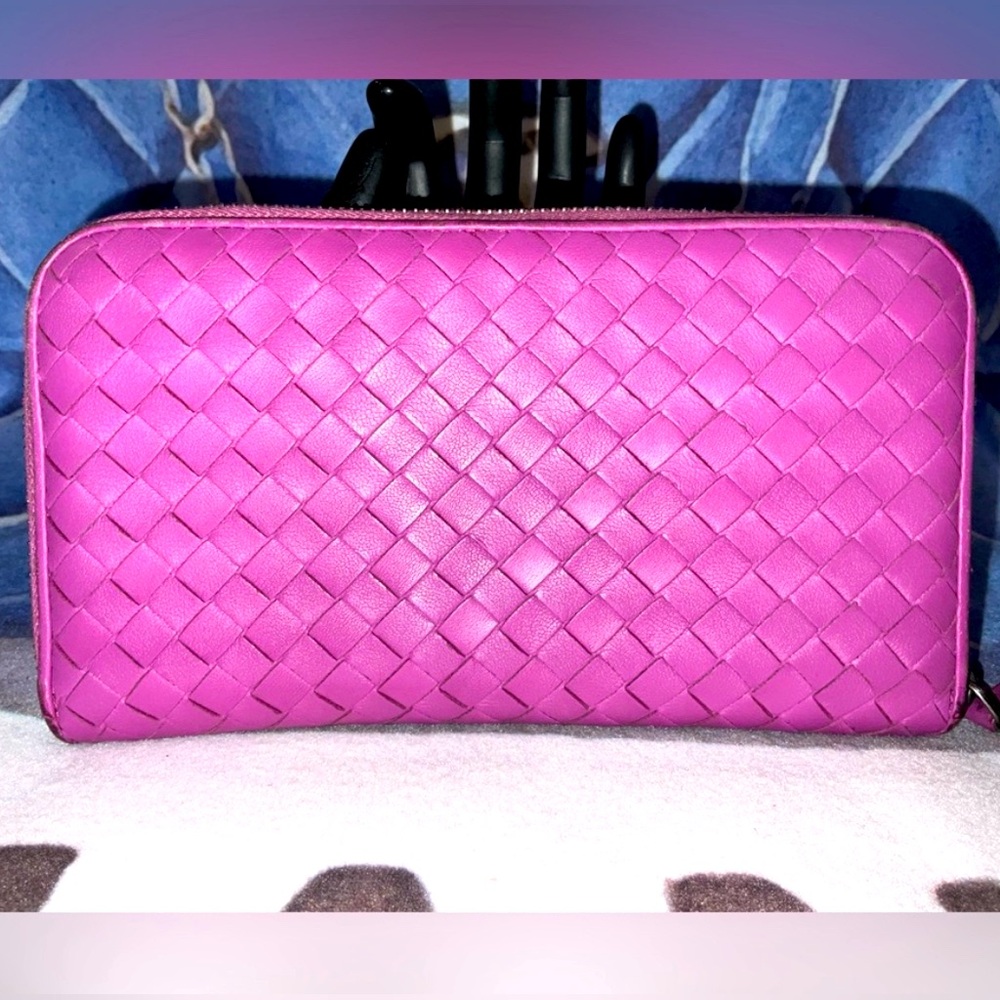 Bottega Veneta Intrecciato Leather Zip Around Wallet / Purple